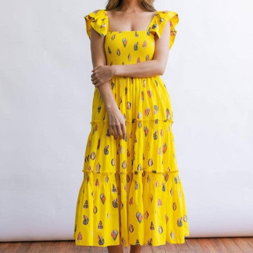 Sunshine Tienda Rio Dress Yellow Seashell Print Smocked Tiered Maxi Dress Large